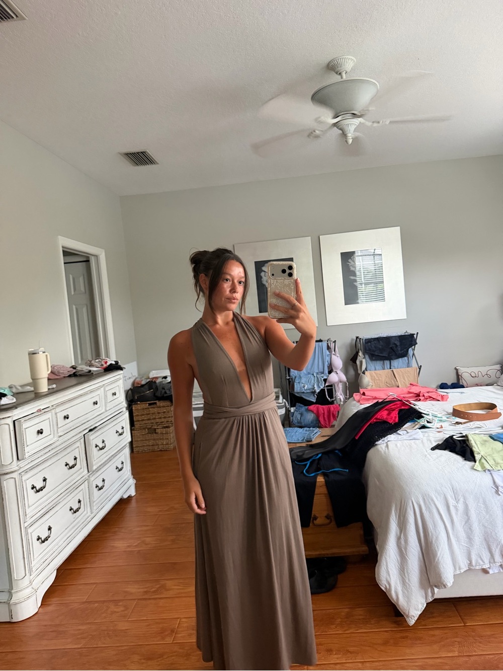 Plunging V-Neck Maxi Dress in Taupe